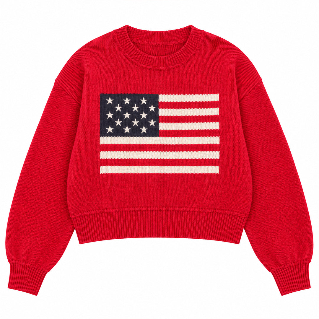 Front view of red crew neck sweater featuring a large American flag graphic