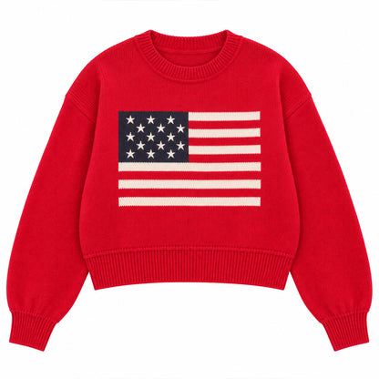 Front view of red crew neck sweater featuring a large American flag graphic