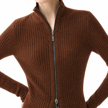 Brown women's zip-up knit cardigan with a fitted shape, front view.