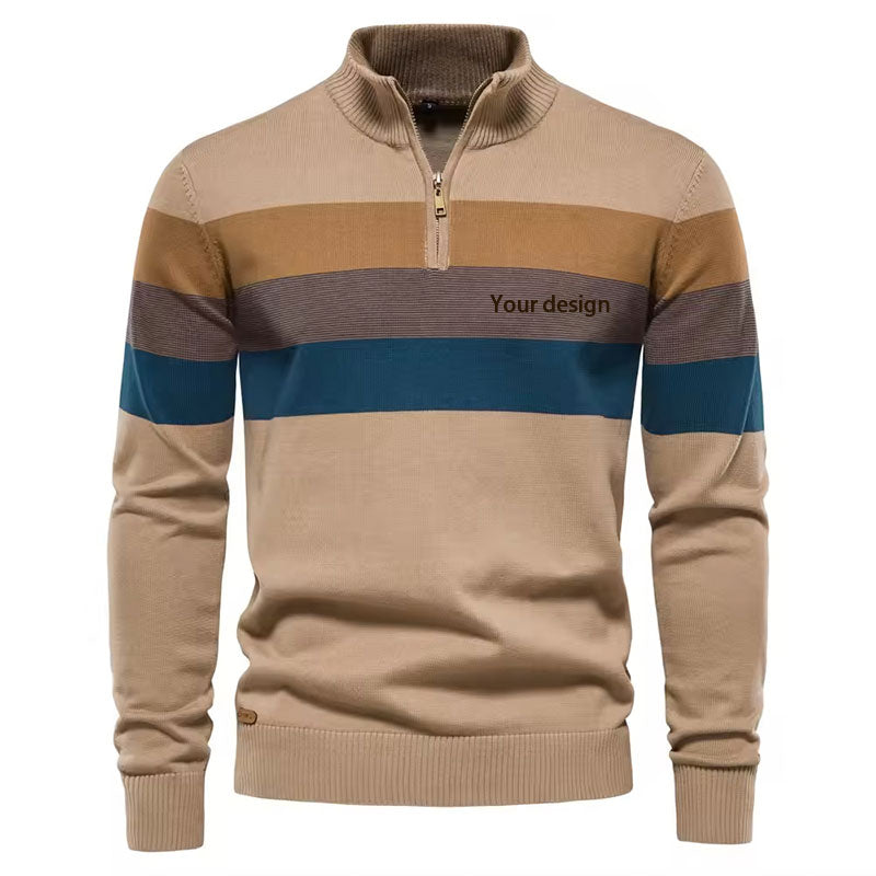 Beige and brown striped high collar men’s wool blend knit pullover sweater with ribbed cuffs and hem