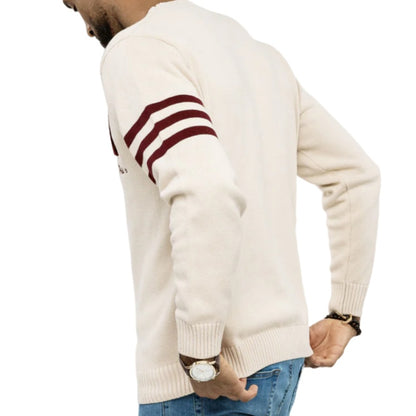 Back view of custom fraternity knit sweater with maroon stripes on the sleeve. 1911 logo design for fraternity members