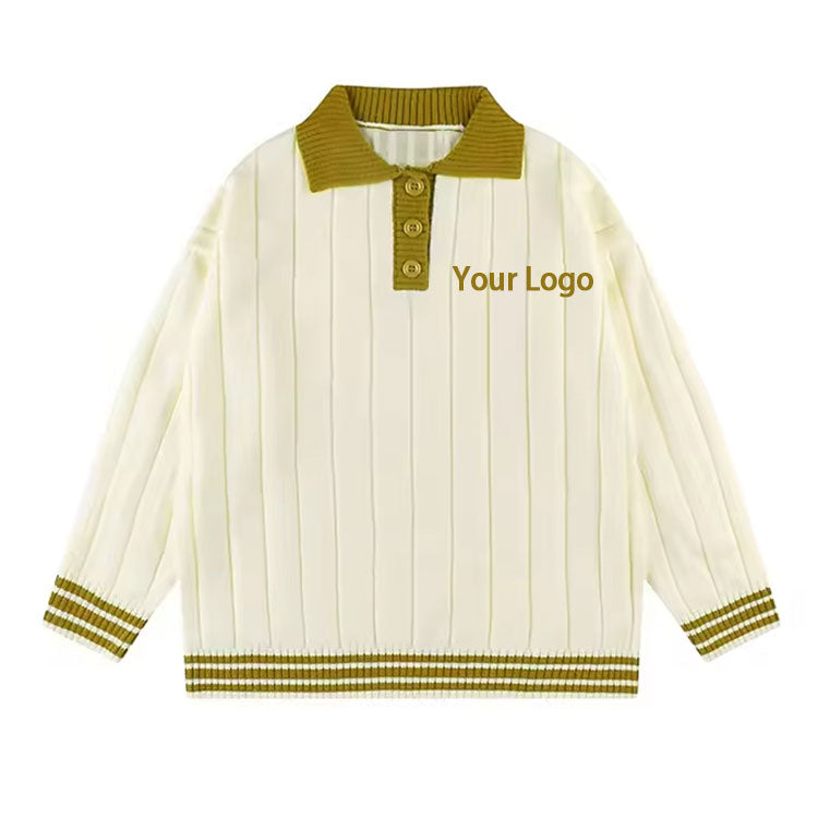 Custom 100% Cotton Ribbed Varsity Knit Sweater with Olive Green Collar and Button Detailing, Featuring 'Your Logo' Placement on the Chest.