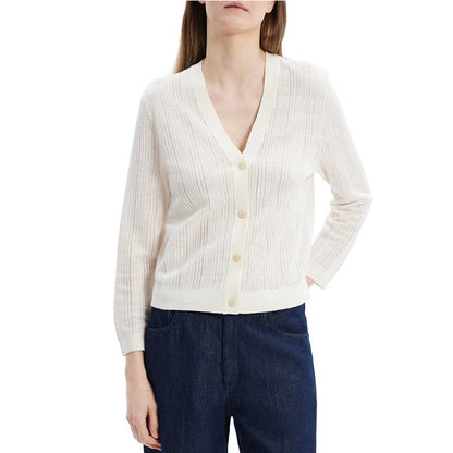 Model wearing custom ribbed V-neck cotton blend cardigan