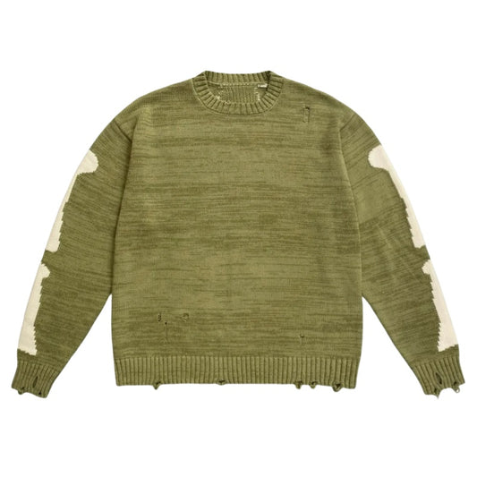 Wholesale Custom Jacquard Cotton Blend Hand-distressed Men's Knit Sweater Distressing Technique High-Quality Street Knitwear