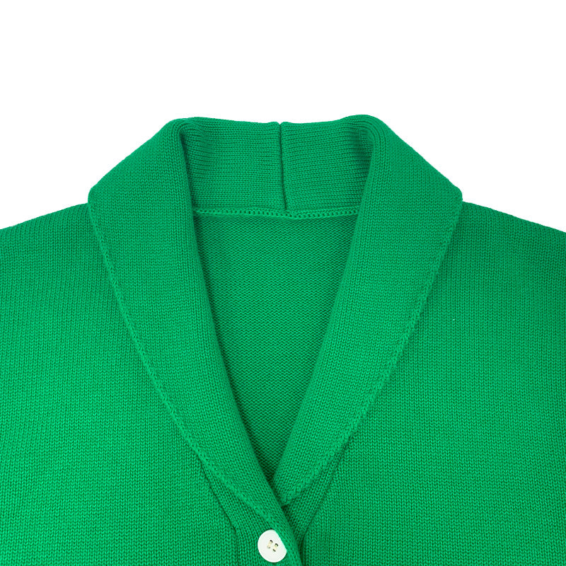 Green custom letter cardigan with shawl collar – classic collegiate style for Greek life apparel.