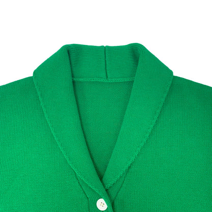 Green custom letter cardigan with shawl collar – classic collegiate style for Greek life apparel.