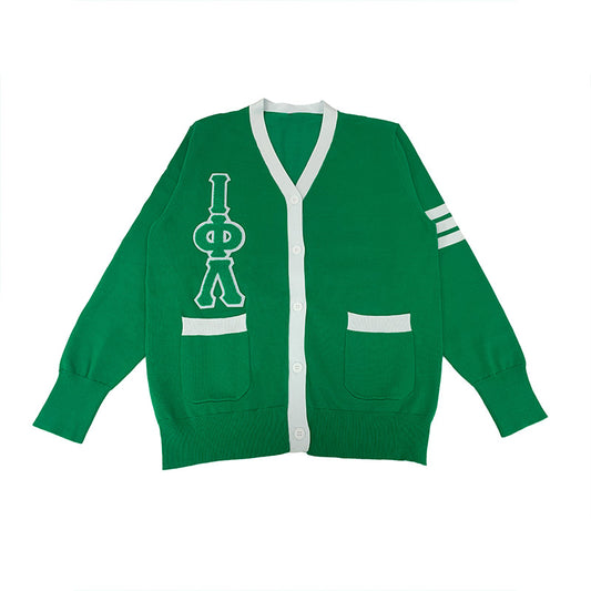 Custom Iota Phi Lambda Green Greek Life Cardigan with White Trim
