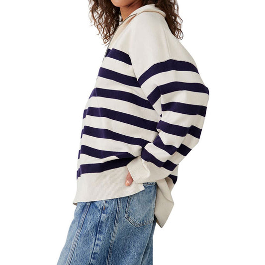 Woman wearing a custom wholesale cotton blend loose striped quarter-zip lapel pullover sweater in beige and blue jeans