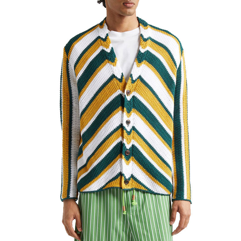  Front view of a model wearing a custom stripe cardigan with green, mustard, and white stripes.