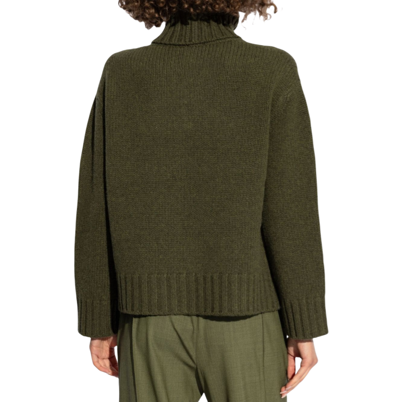 Back view of an olive green wool blend turtleneck sweater with ribbed hem and cuffs, designed for men.