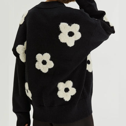 Custom Black Floral Cardigan Sweater - Women's Button-Down Knitwear
