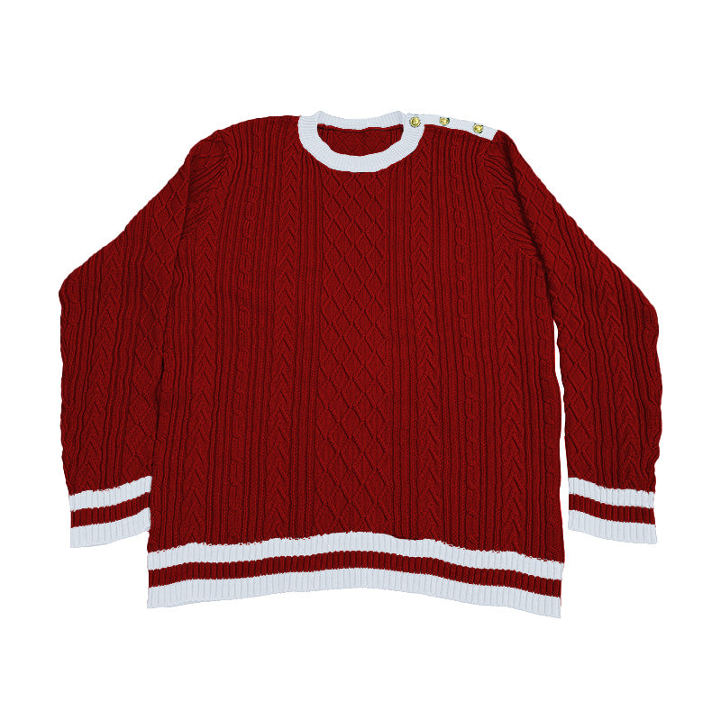 Red and white custom cable knit sweater – ideal for holiday gifting or team spirit apparel