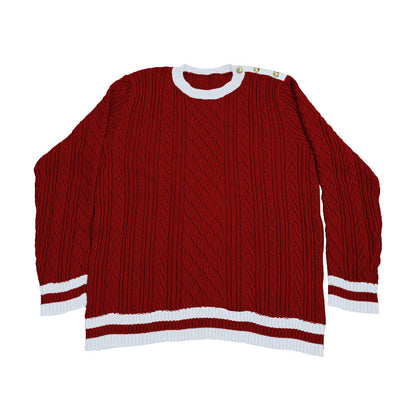 Red and white custom cable knit sweater – ideal for holiday gifting or team spirit apparel