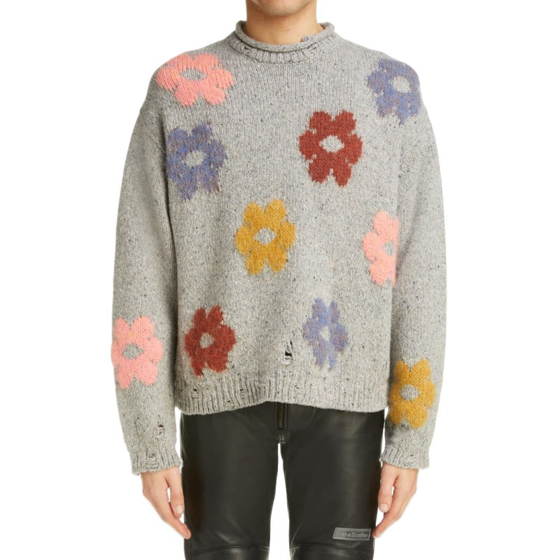 Custom wool blend pullover sweater with colorful floral patterns for men