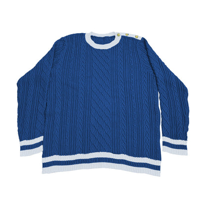 Blue and white sweater with collegiate styling – premium knitwear by experienced sweater manufacturer