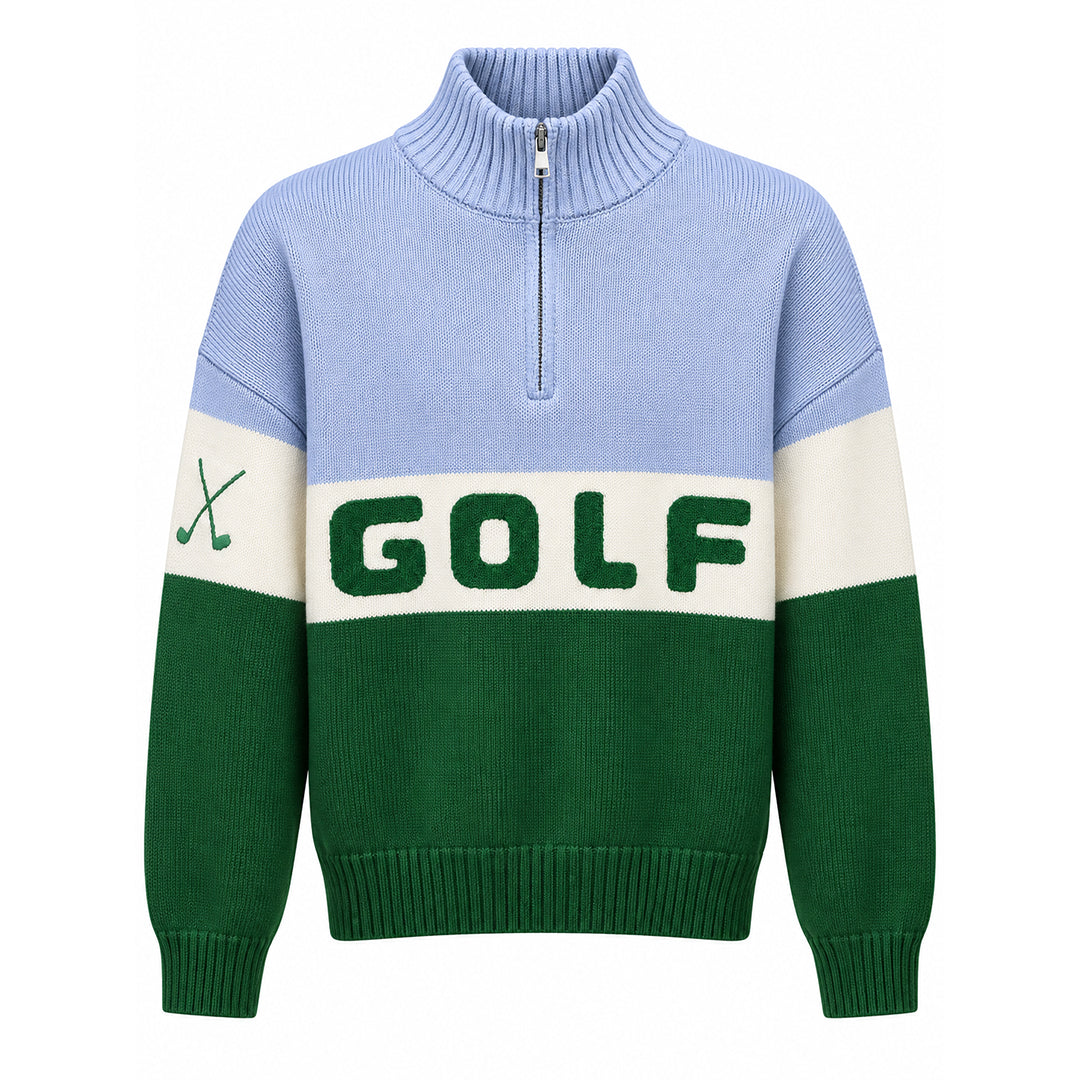 Crew-neck golf sweater with contrasting colour blocks and ribbed cuffs