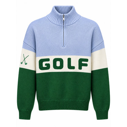 Crew-neck golf sweater with contrasting colour blocks and ribbed cuffs