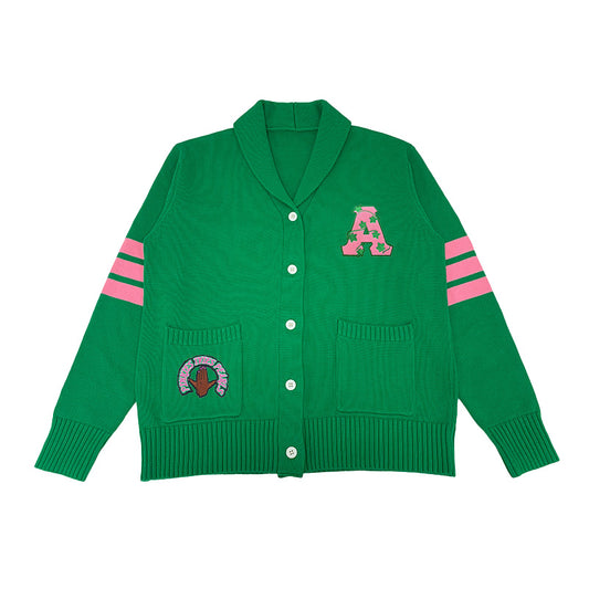 Custom green cardigan sweater with pink AKA Greek letters and embroidered group patch – perfect for sorority or fraternity apparel