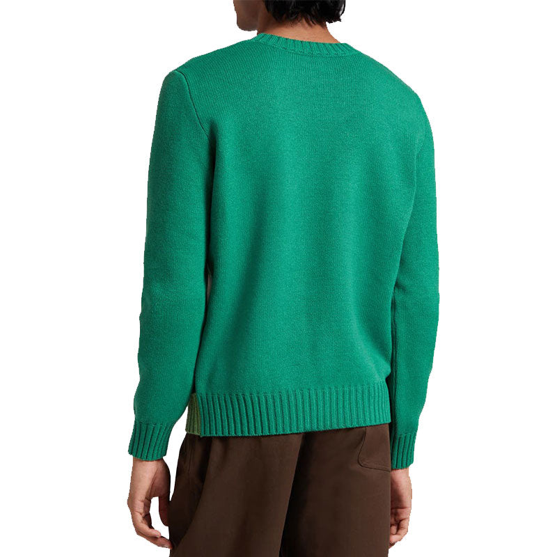 Back view of a green wool blend pullover knit sweater.