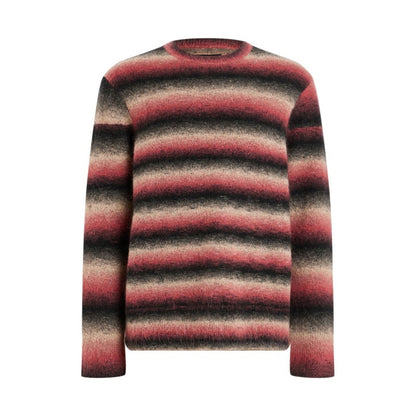 Custom mohair striped sweater in shades of red and grey, displayed on a white background. Ideal for OEM/ODM men's knitted pullovers.