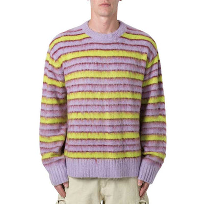 Custom mohair knit sweater with purple and yellow stripes, front view