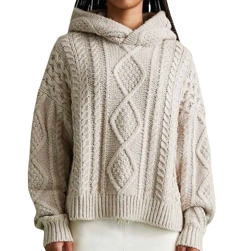 Wholesale Custom Logo Hooded Knit Sweater Aran Cable Drop Shoulder Oversize Unisex Chunky Wool Blend Thick Warm