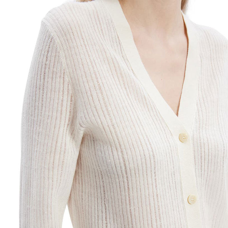 Close-up of ribbed texture on custom cotton blend V-neck cardigan