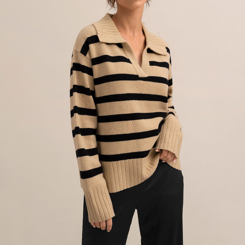Custom Turn-down Collar Wool Blend Women's Knitted Sweater in Beige and Black Stripes.