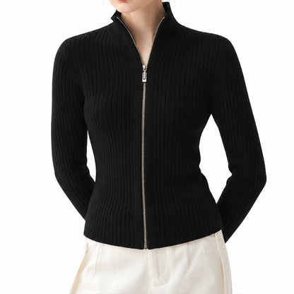 Black fitted knit cardigan with a front zipper and stand collar.