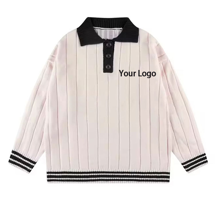 Custom 100% Cotton Ribbed Varsity Knit Sweater with Black Collar and Button Detailing, Featuring 'Your Logo' Placement on the Chest.