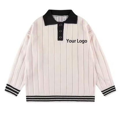 Custom 100% Cotton Ribbed Varsity Knit Sweater with Black Collar and Button Detailing, Featuring 'Your Logo' Placement on the Chest.