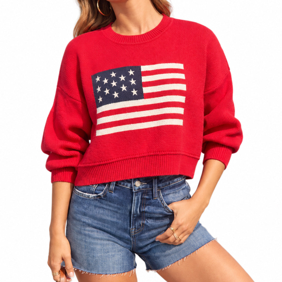 Red American flag sweater with long sleeves and bold chest print, seated model view