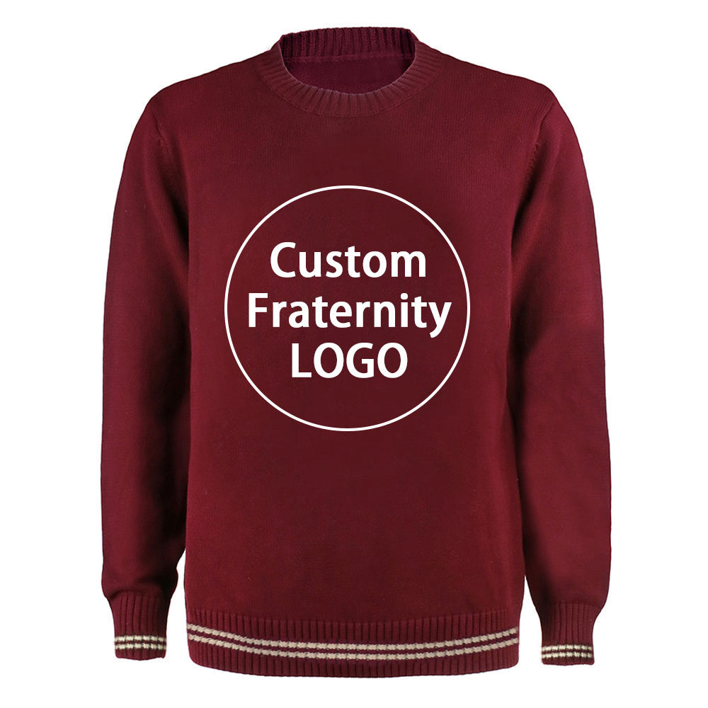 Maroon custom fraternity knit sweater with embroidered fraternity logo. Bulk orders for Greek organizations available