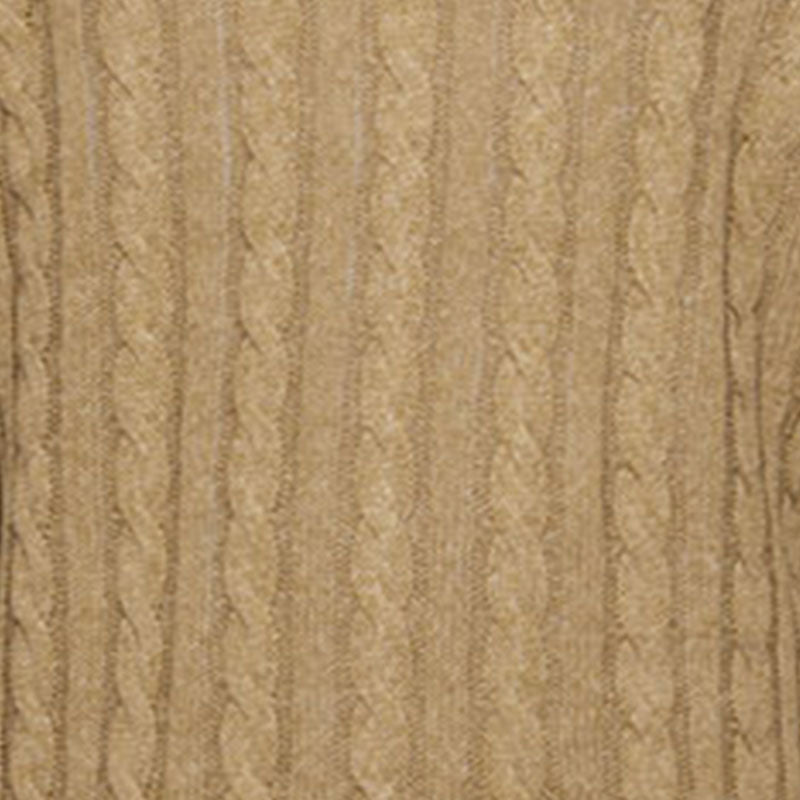 Close-up view of khaki cable knit fabric, highlighting texture and detailed pattern, made from 100% cotton.