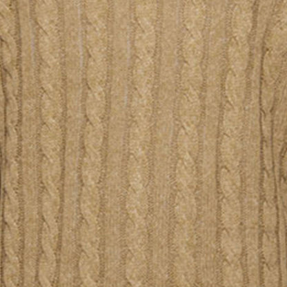 Close-up view of khaki cable knit fabric, highlighting texture and detailed pattern, made from 100% cotton.