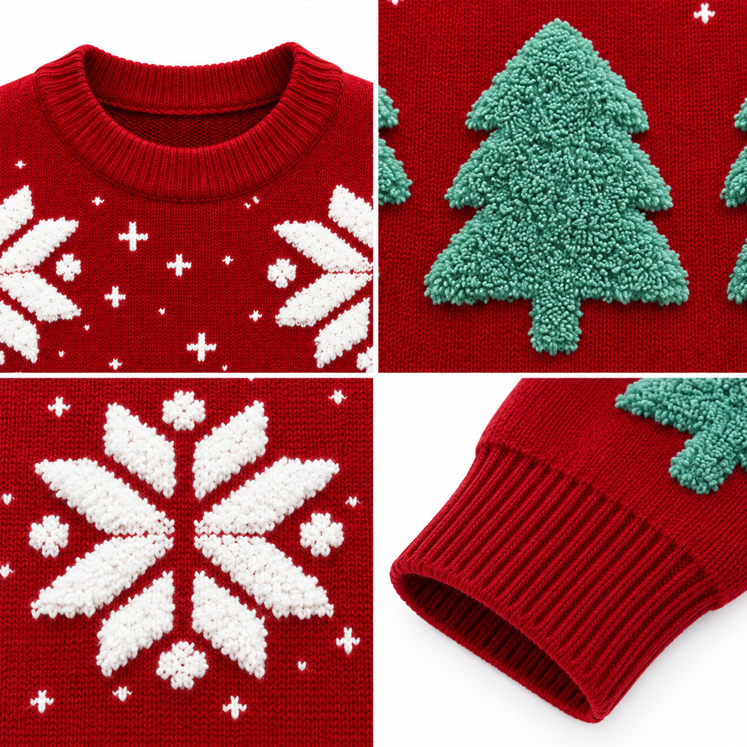 Close-up of Christmas tree and snowflake patterns on a red knit sweater