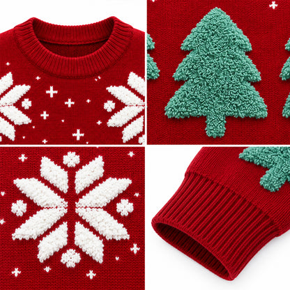 Close-up of Christmas tree and snowflake patterns on a red knit sweater