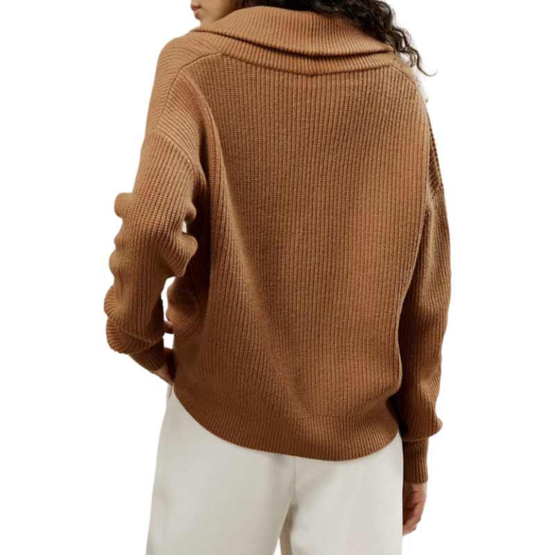 Rear view of a brown wool oversized cardigan worn by a model.