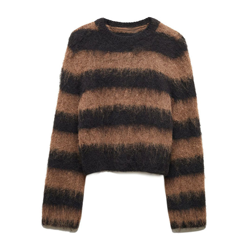 A standalone view of the fuzzy sweater with wide, horizontal black and brown stripes, laid flat against a white background. The sweater has a round neckline and long sleeves.