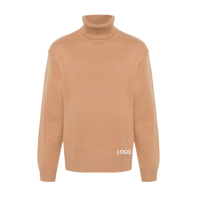 Front view of a beige 100% cashmere turtleneck sweater with ribbed hem and cuffs, featuring a custom logo.