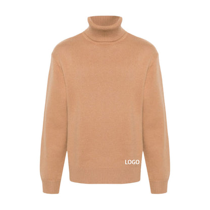 Front view of a beige 100% cashmere turtleneck sweater with ribbed hem and cuffs, featuring a custom logo.