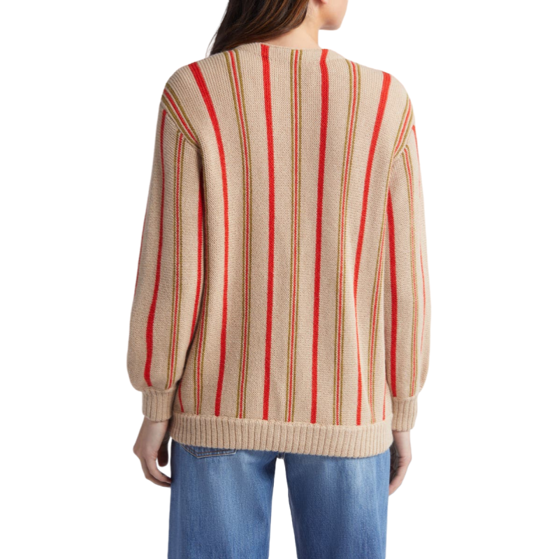 Back view of custom wool blend stripe cardigan for women