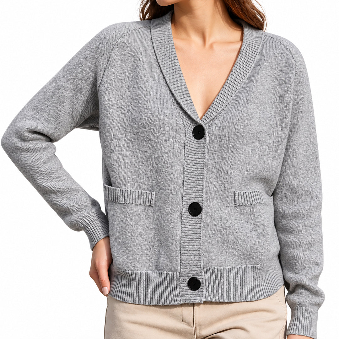 Grey V-neck button-up cardigan with front pockets