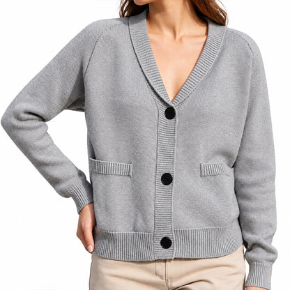 Grey V-neck button-up cardigan with front pockets