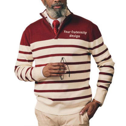 An older gentleman wearing a maroon and white striped custom Greek knit sweater with the text 'Your fraternity design' on the left chest, holding a pair of glasses.