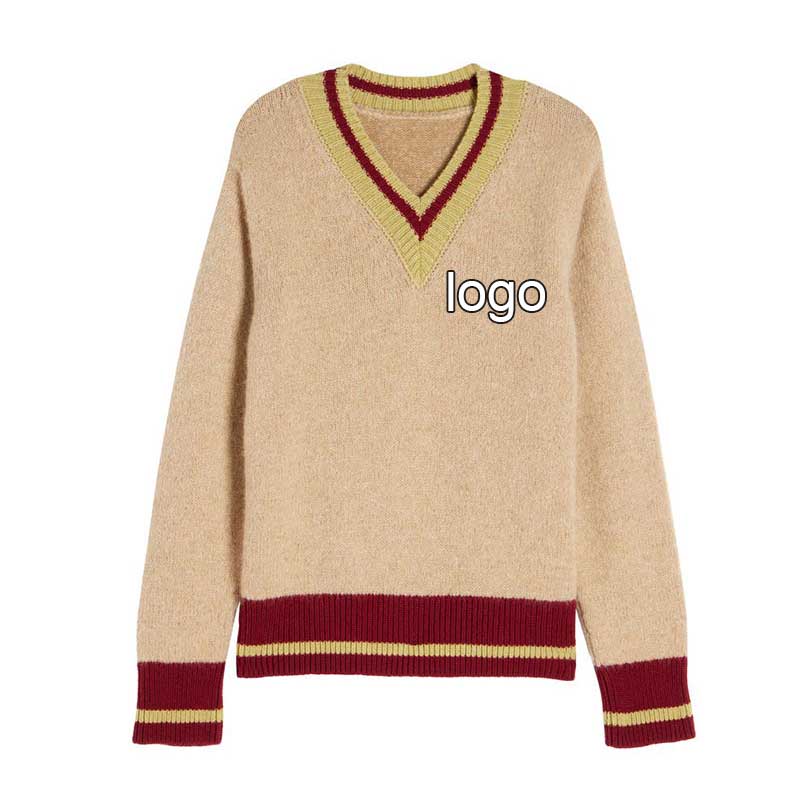 Custom logo striped knit sweater in beige with red and yellow accents, front view, wool blend material.