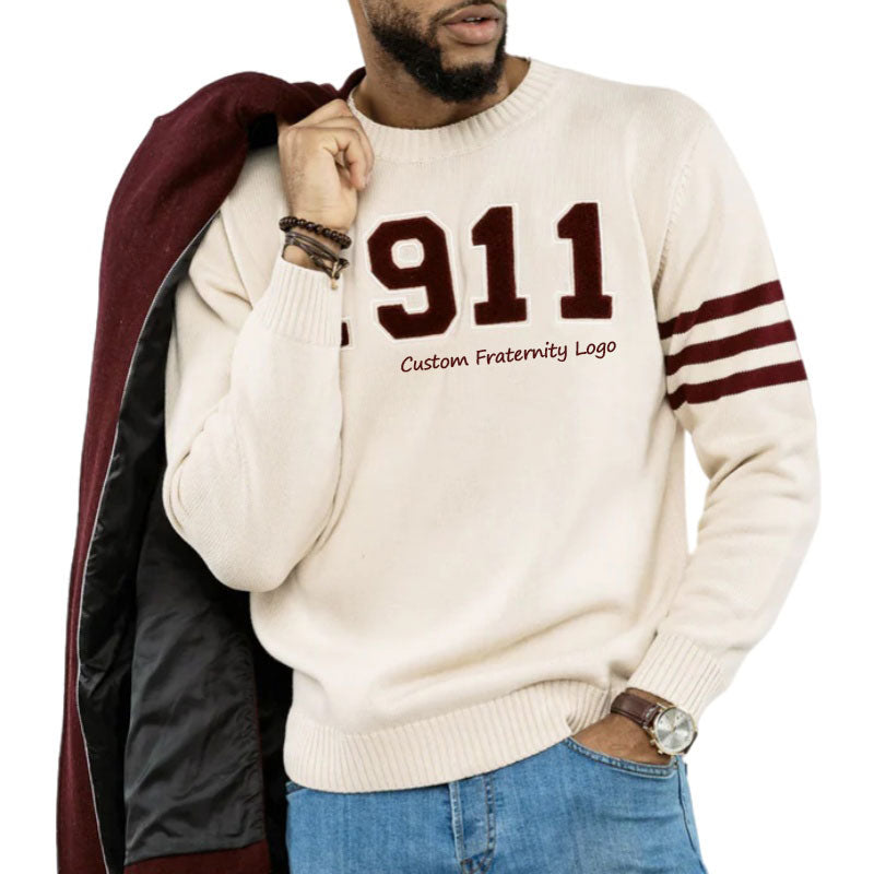 Fraternity sweater featuring 1911 logo and custom striped sleeves. Perfect for Greek organizations and bulk manufacturing