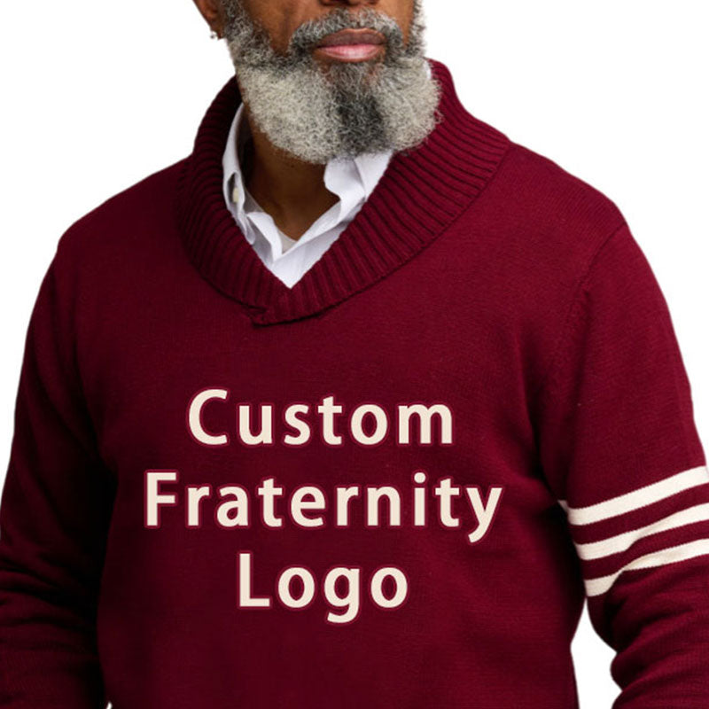 Close-up of an older gentleman wearing a maroon custom fraternity sweater with white stripes on the sleeves and the text 'Custom Fraternity Logo' on the front.