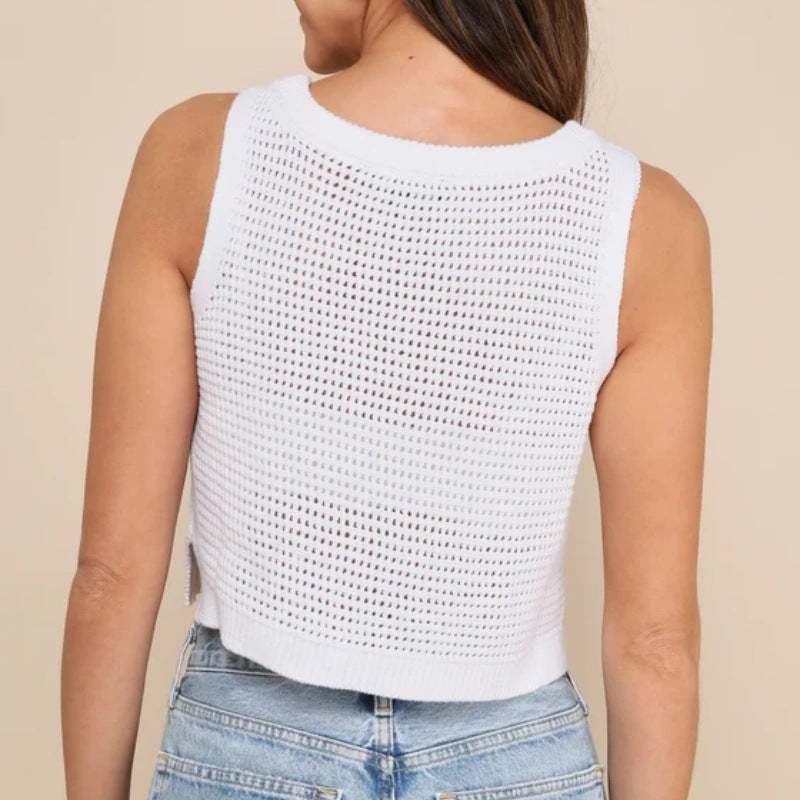 Back view of a woman wearing a custom fashion round neck plaid tank top knitted sweater in white.