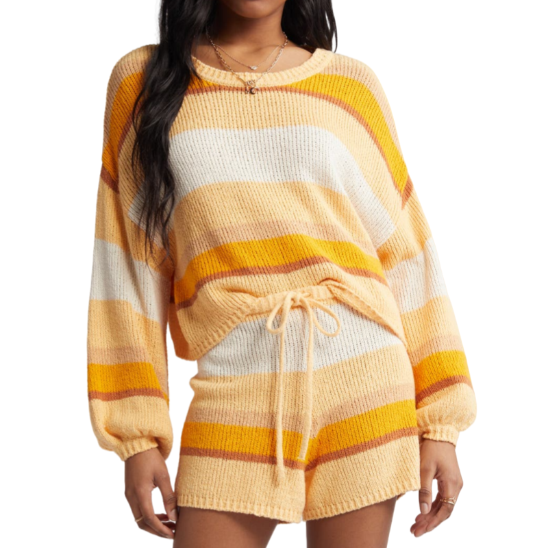 Front view of a custom colorful striped cotton blend knit sweater set, showcasing a relaxed-fit top with long sleeves and drawstring shorts. The set features yellow, white, and orange stripes, perfect for casual or lounge wear.